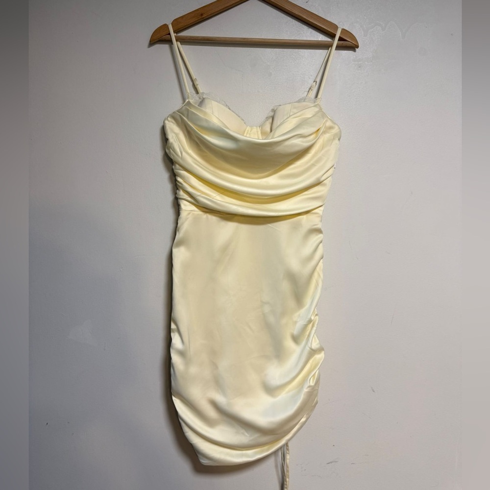 Oh Polly Satin Cowl Ruched Mini Dress – Oyster White (Size 10) - Picture 2 of 13
